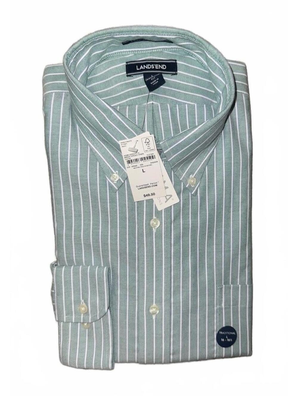 Men’s Lands' End green striped button down Supima cotton shirt Size Large NWT
